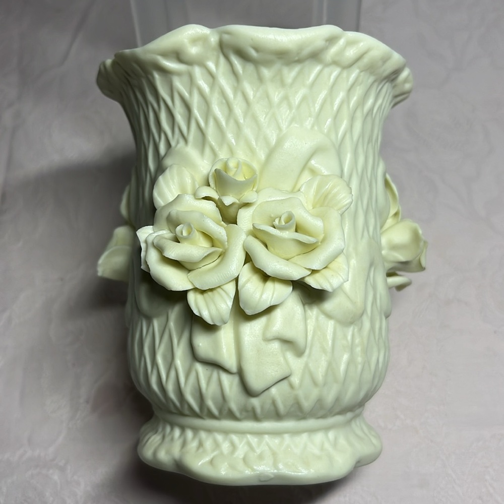 Vintage Cream Floral Relief Vase Shabby Chic Cottagecore Rose Decor